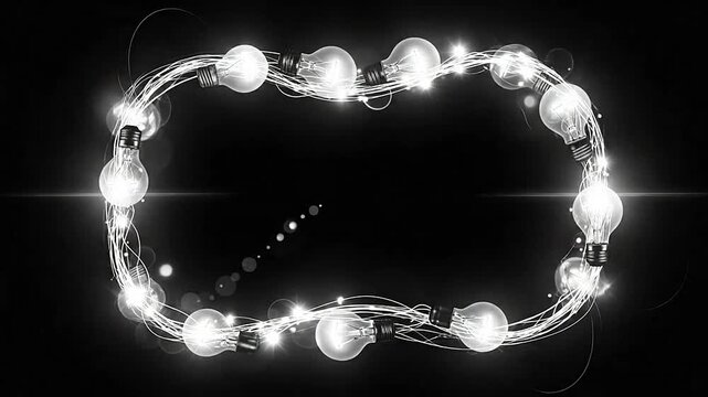 Glowing light bulbs forming a decorative oval frame on a black background