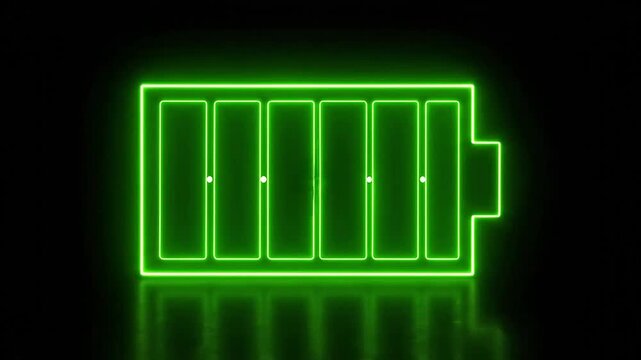 Glowing green neon battery icon charging on a dark background