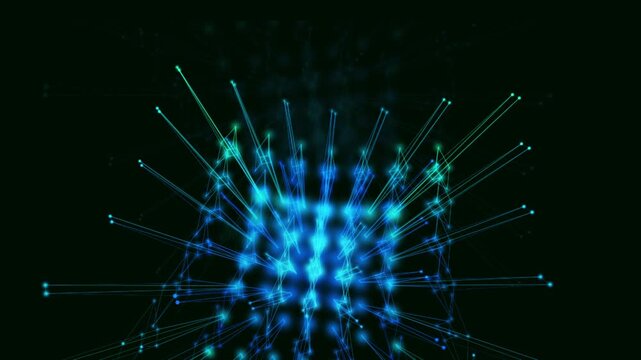 Electric blue and green plexus network nodes emit radiant light trails. Ideal for data visualization presentations and abstract digital network interfaces