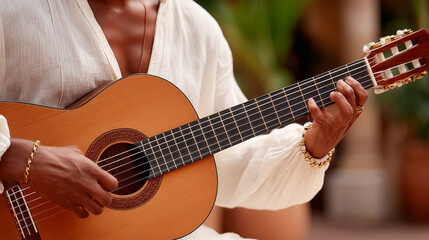 Obraz premium a close-up focuses on a person wearing a white shirt playing an acoustic guitar, highlighting the instrument's wooden body and the player’s hand on the fretboard.