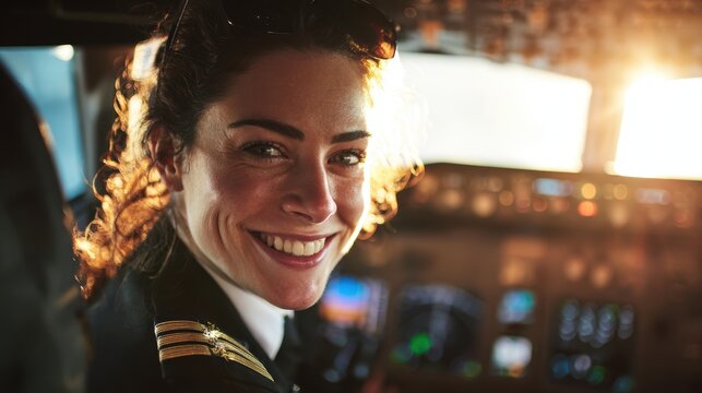 Vacation travel trip journey in holiday season. A woman in a pilots uniform, wearing goggles on her head, smiling at the camera with a blurred background.
