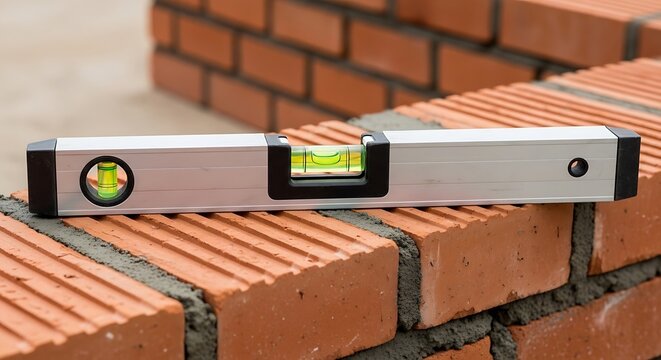 Spirit Level on Brick Wall Construction