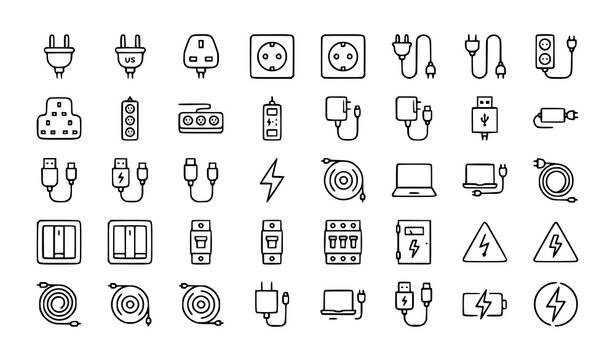 Electrical Plug Line Icon Set with Power Cable Socket Adapter and Electricity Connection Symbols