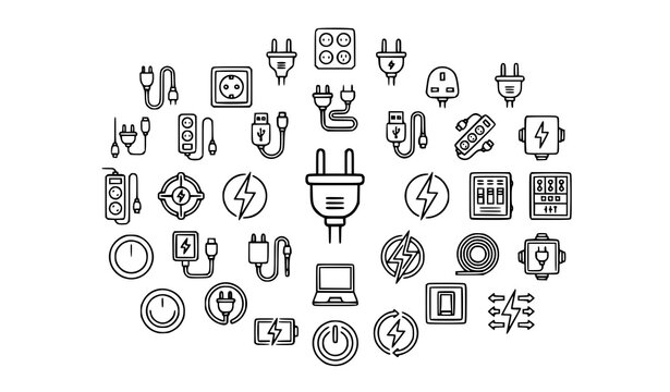 Electrical Power Line Icon Collection with Plug Socket Cable and Energy Connection Symbols