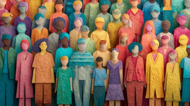 Colorful paper cutout people collage representing diversity, inclusion and community connection, abstract multicultural human figures background symbolizing social unity, teamwork, equality, belonging