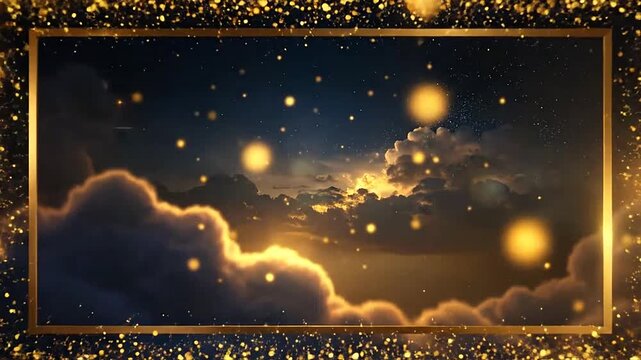 Golden glitter frame surrounding a magical night sky with clouds