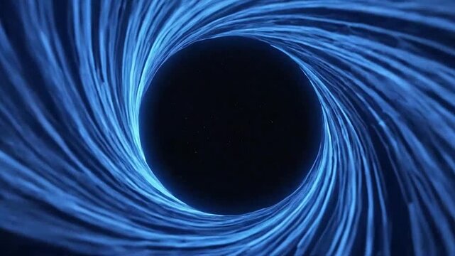 Abstract blue light trails swirling into a dark central void