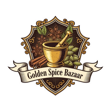 Vintage Golden Spice Bazaar logo with mortar, pestle, cinnamon, star anise, and cardamom on an ornamental shield.