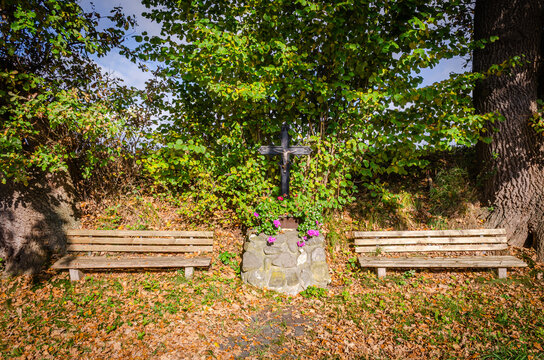 Autumn Wayside Cross Shrine with Benches in Binzwangen, Baden-W&uuml;rttemberg, Germany