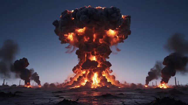 Massive nuclear explosion mushroom cloud over a desolate industrial landscape at twilight