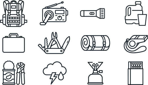 Emergency survival kit and outdoor camping line icon set for disaster preparedness, safety gear, and adventure equipment vector design