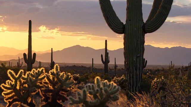 Large desert cacti stand tall against a golden mountain sunset