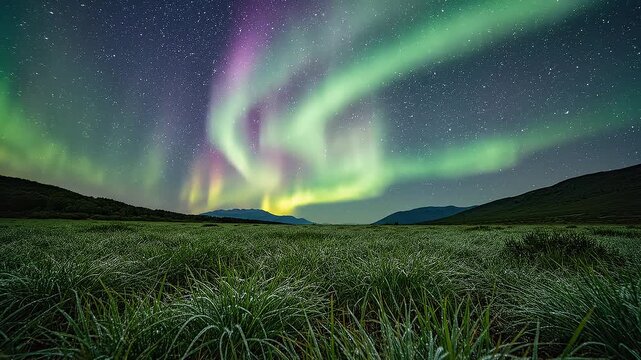 The aurora borealis shines brightly over green grass hills at night.