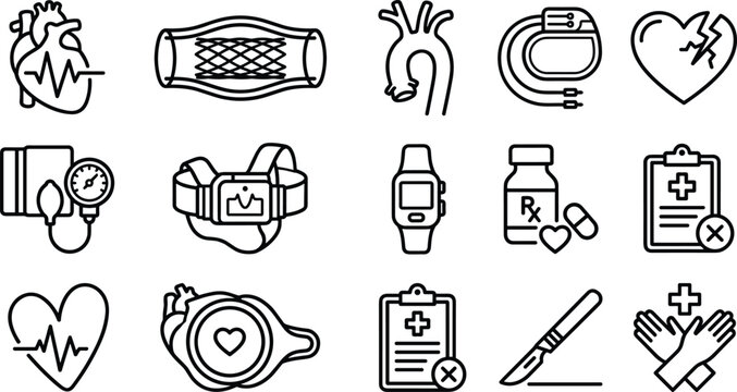 Cardiology and Heart Health Medical Line Icon Set with Pulse Monitoring Surgery Tools and Healthcare Care Equipment Symbols Vector Design