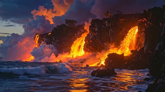 Molten lava flows from dark cliffs into the ocean at sunset