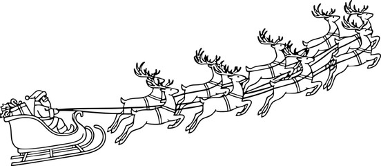 Santa claus driving a flying reindeer sleigh christmas illustration line art with reindeer christmas december © SHAHNOWZ