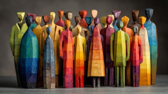 Vividly colored wooden human figurines united in diversity and inclusion concept, symbolizing multicultural community, social unity, equality, belonging, human connection, teamwork, representation and
