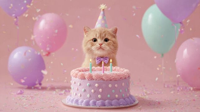Birthday celebration theme for party event. A cat wearing a festive birthday hat perched atop a pink cake adorned with lit candles, surrounded by colorful balloons and confetti on a pink surface.