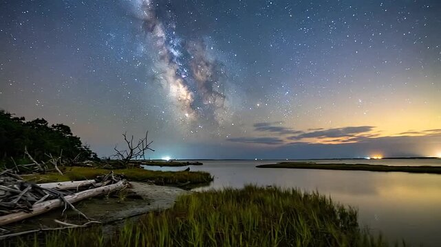 The milky way shines over a coastal forest and driftwood