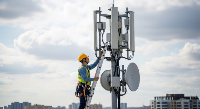 Man technician climbing ladder to service telecommunication tower, internet, communication, mobile data, 5g network, and smart city infrastructure concept.