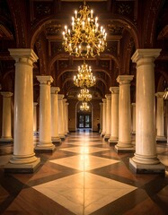 Fototapeta premium A long, luxurious hallway with white columns and gold chandeliers