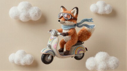 Fototapeta premium Furry fox rides colorful scooter through fluffy clouds in whimsical, cozy scene.