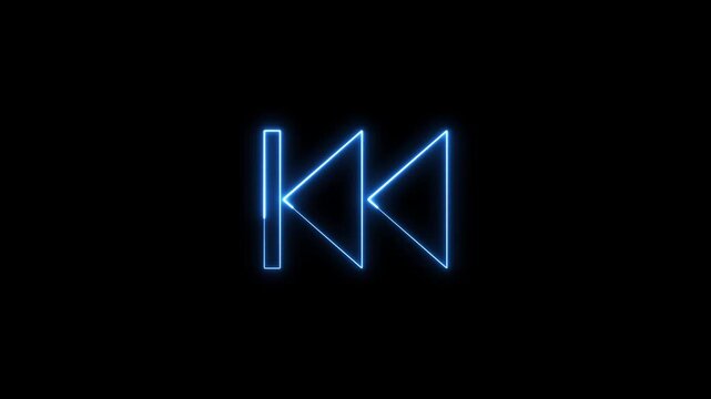 Neon glowing skip backward symbol pulsing on black background clip.