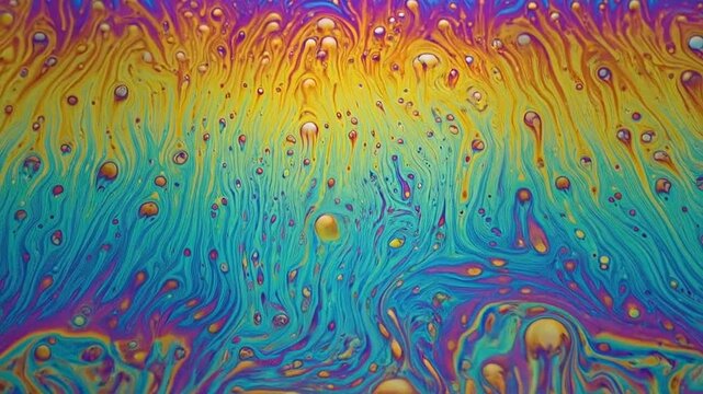 Vibrant iridescent swirls of soap film create an abstract pattern