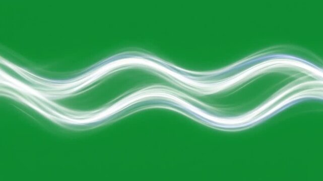 Abstract white glowing light waves flow across a solid green background