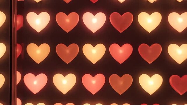 A wall of glowing heart shaped lights in warm red and orange tones