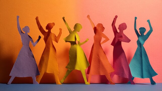 Vibrant paper silhouette collage of diverse women in bold colors symbolizing unity, empowerment, inclusion and equality, inspiring representation of female strength, solidarity and social progress for