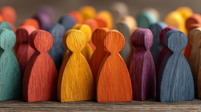 Backlit multicolored wooden human figurines representing diversity, inclusion, teamwork and social unity, symbolic community population concept with equality, leadership, collaboration and belonging, 