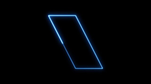Neon blue parallelogram light shape pulsating on black background.