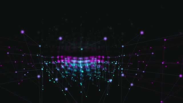 Glowing network nodes and lines connect in a dynamic abstract digital space. Ideal for technology presentations and futuristic UI UX design