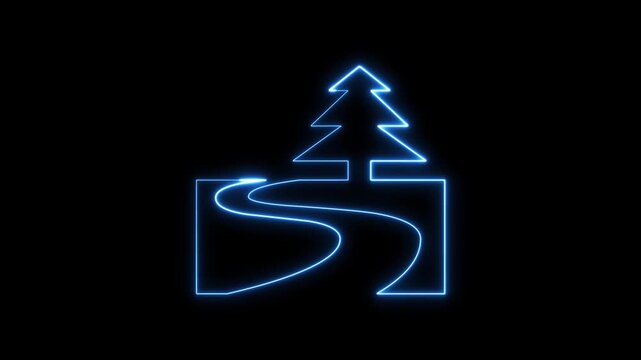 Neon blue outline of pine tree and winding path on black backdrop.
