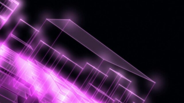 Neon pink wireframe cubes and geometric shapes pulse with light in abstract digital space. Futuristic technology presentation background and data visualization graphic element