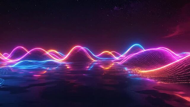 Abstract digital landscape with glowing neon waves under a starry night sky