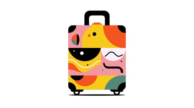 A stylized suitcase adorned with a vibrant patchwork of abstract geometric shapes and patterns on a white background.