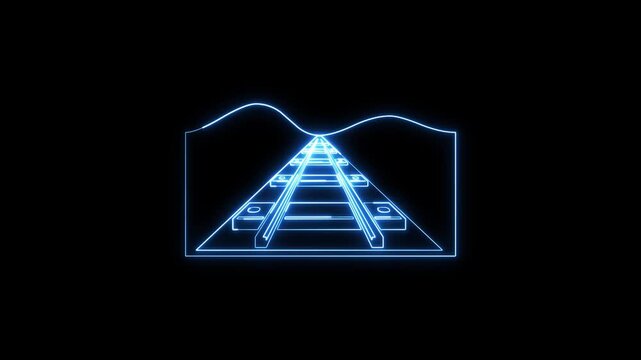 Neon blue light train track symbol glowing on black motion graphic.