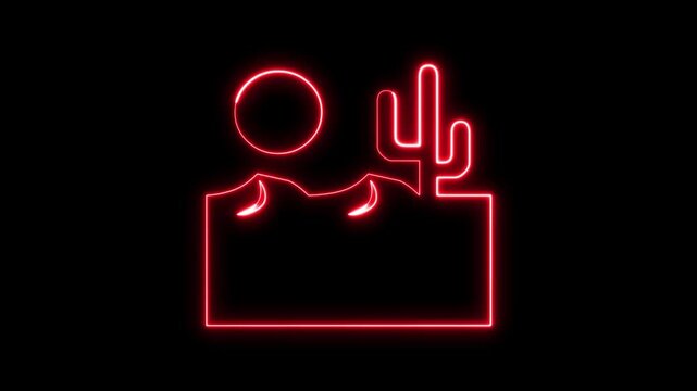 Red neon desert landscape icon glowing in darkness animation footage.