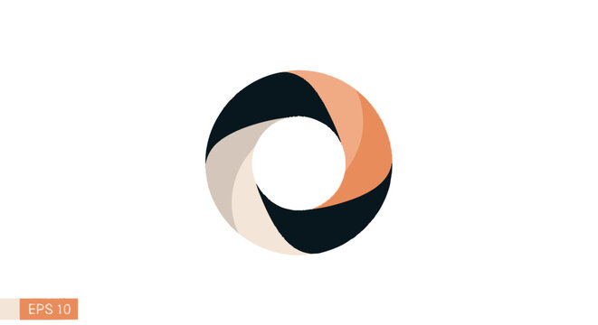 Abstract circular camera aperture shutter logo icon with black orange and beige segments.