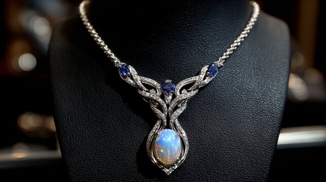 White gold necklace with opal pendant and diamond accents, flanked by blue sapphire details and rows of small round gemstones, displayed on a black stand, vibrant colors and intricate craftsmanship.