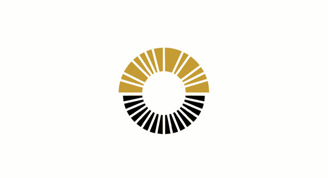 Abstract circular logo with gold sun rays on top and dark blue rays on bottom.