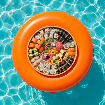 Sushi platter floating in orange pool ring on blue water