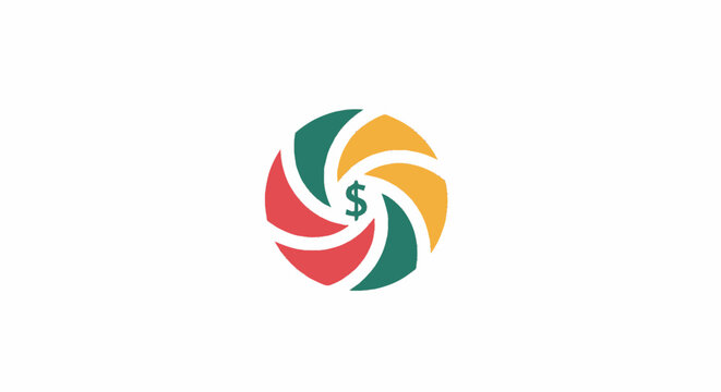 Abstract financial logo with dollar sign and colorful circular swirl pattern.