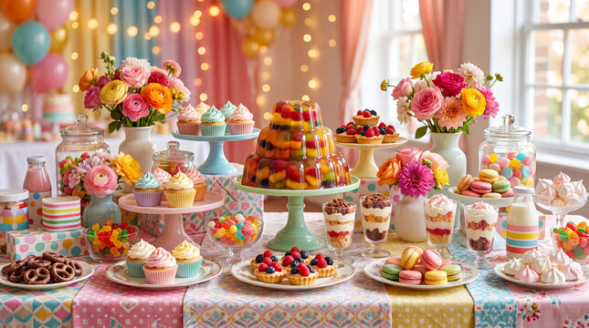 Colorful maximal dessert table with cakes candies and flowers