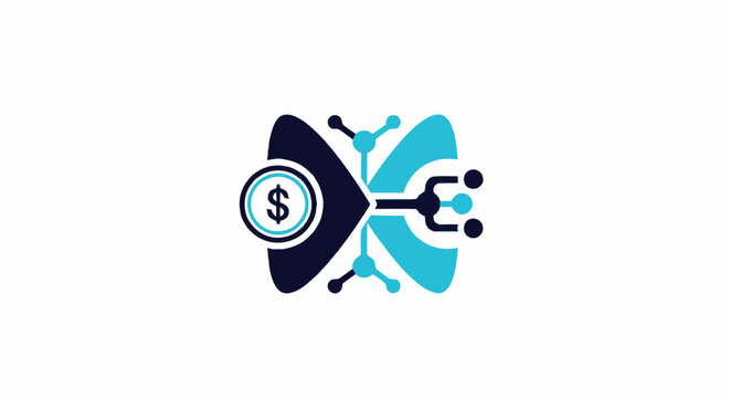 Abstract fintech logo design with dollar coin and network nodes representing digital finance technology.