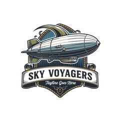 Vintage style zeppelin airship emblem with decorative frame for Sky Voyagers branding. © StockGallery