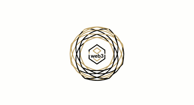 Abstract geometric web3 logo design with gold and black circular lines.