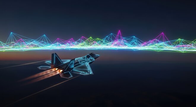 Futuristic fighter jet flying through neon digital landscape.